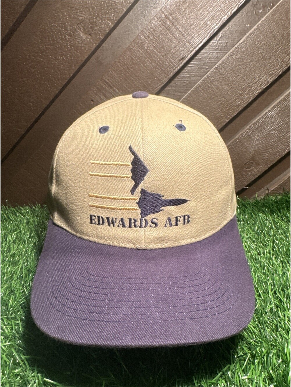 Vintage Edwards AFB Stealth Bomber Jet Fighter Snapback Hat Toppers Tan Navy